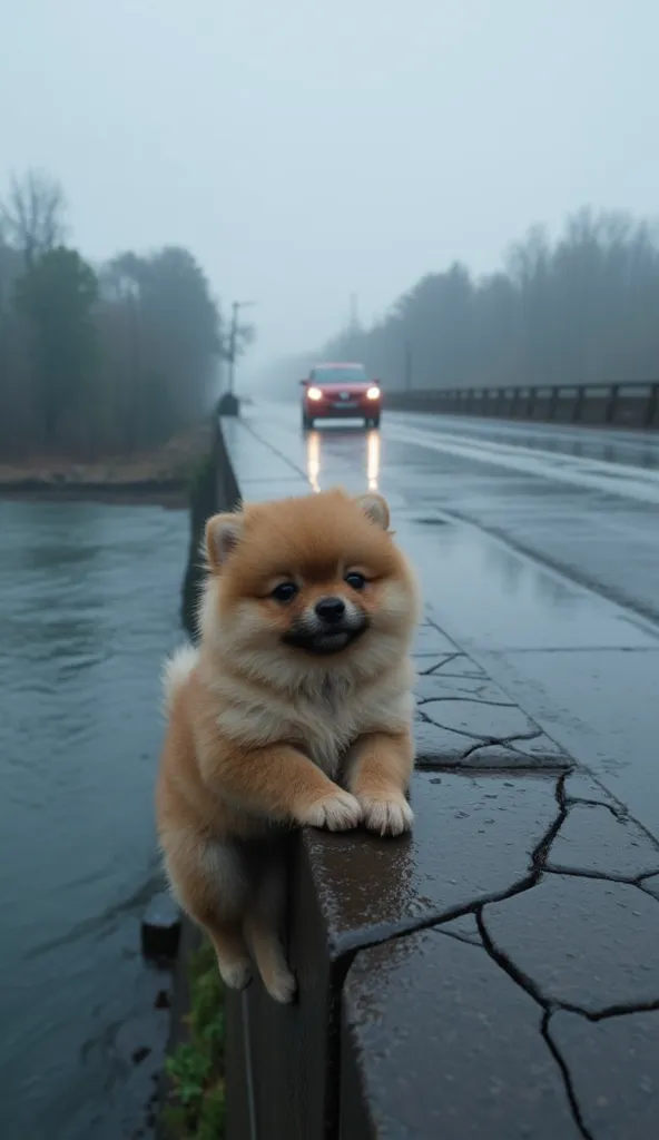 Ultra-realistic image of 2 small, defenseless Pomeranian puppies on the edge of a wet, cracked concrete bridge on a rainy, foggy day. One of the puppies is hanging from the bridge with his paws gripping the rough surface, his body dangling over the river, ...