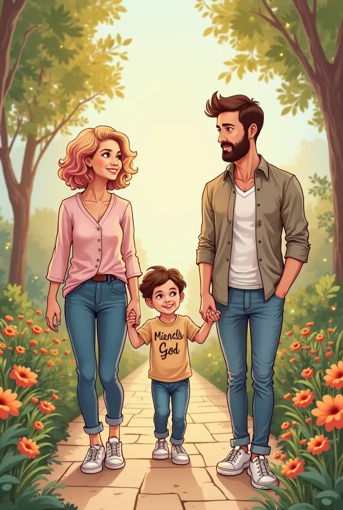 Create a family's comic book style adoodle art cartoon , A light beige skinned woman,Short curly blond hair  ,She has a lock of pink hair, brown eyes,wearing stylish jeans and an elegant light pink blouse  , And white sneakers ,drawing with a semblance of ...