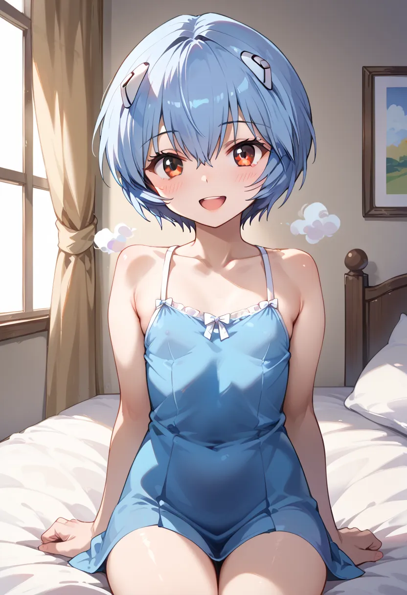 ((highest quality)), ((masterpiece)), (be familiar with), perfect face, indoors, bedroom, watching viewers,
One woman, Rei Ayanami,
open mouth, steam clouds drift, blush, smile,
 small tits, flat chest, Young girl,  lori,  ,  girl,
Short Hair, short hair,
...