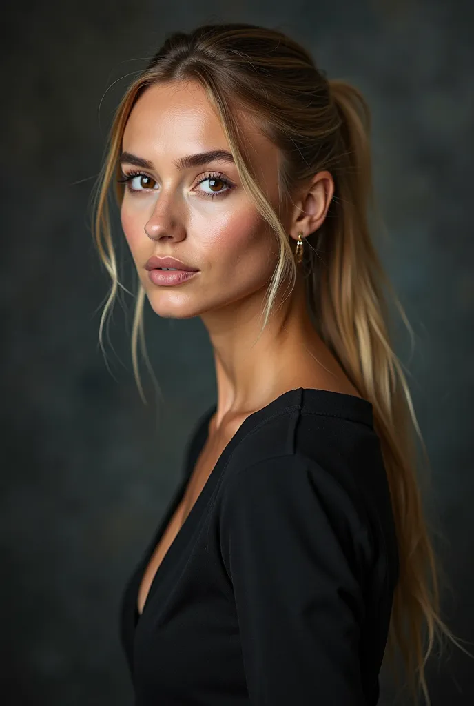 very realistic and detailed photo of attractive italian woman with piercing brown eyes, looking directly at the camera, at tv studio, high quality portrait, cinematic lighting, dramatic expression, professional studio setup, photorealistic,4k,,studio light...