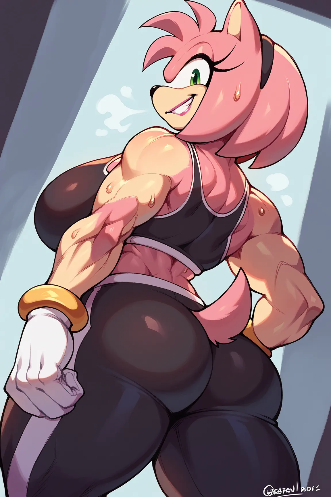 score_9, score_8_up, score_7_up,score_6_up,score_5_up, source_furry,back view, low angle,riders amy rose, 1girl, solo, huge breasts, big butt, toned abs, toned muscles, green eyes, sweat, steam, pink lipstick, collarbone, furry female, looking at viewer, s...