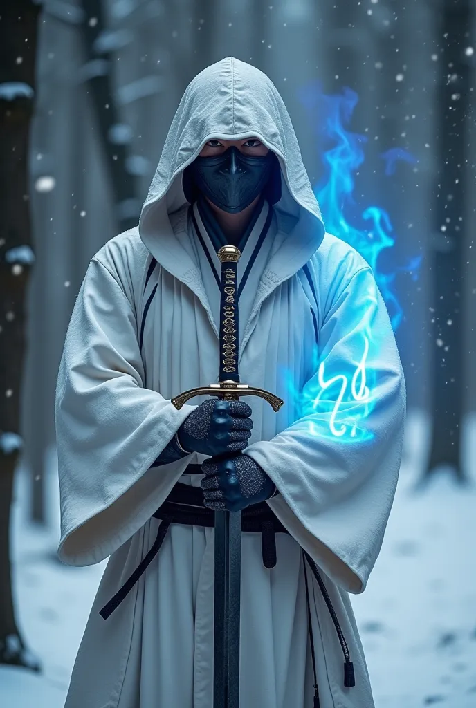 Create a samurai man wearing white clothes and a masked man holding a sword around the sword with a blue flame with the name written "nl" A blue flame around the name, in a forest, makes it very realistic. 4K resolution, realistic in snow