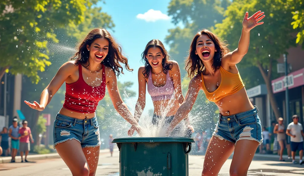 Three women spray water from a garbage can