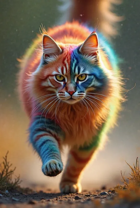 A majestic cat with long and soft fur, entirely covered in rainbow shades, runs with elegance and power. Its silky coat is incredibly realistic, with each tuft of hair that captures the light and reflects bright colors that fade naturally into each other, ...