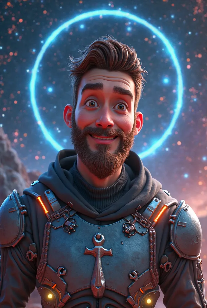 Pixar-like image of a man with brown hair brown eyes anchor-shaped beard wearing Halo armor( robot) y in the background in space 