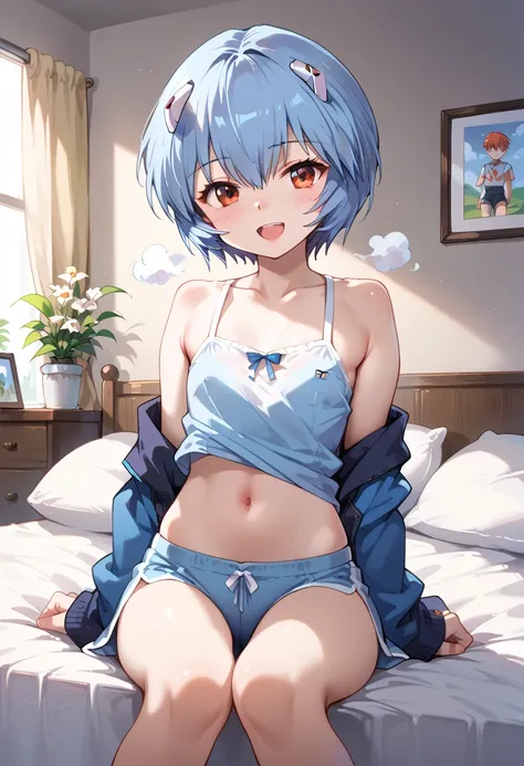 ((highest quality)), ((masterpiece)), (be familiar with), perfect face, indoors, bedroom, watching viewers,
One woman, Rei Ayanami,
open mouth, steam clouds drift, blush, smile,
 small tits, flat chest, Young girl,  lori,  ,  girl,
Short Hair, short hair,
...