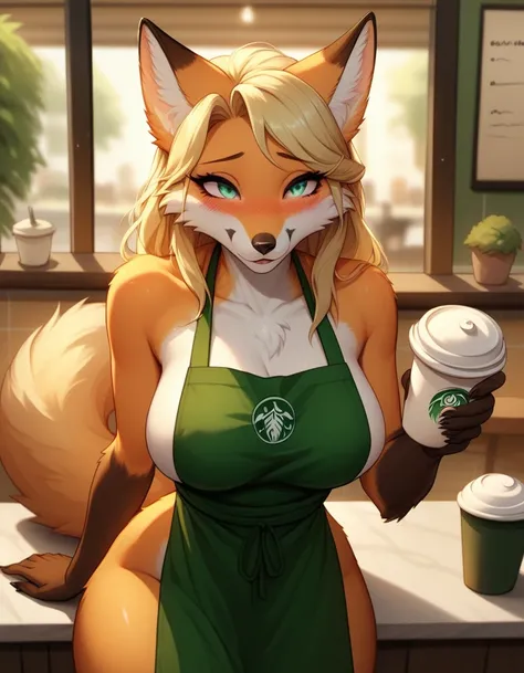 furry, fox, female fox, sexy, large breasts, blonde hair, orange fur, wearing a green apron on a naked body, blush, tail curled, cafe, barista, empty cafe