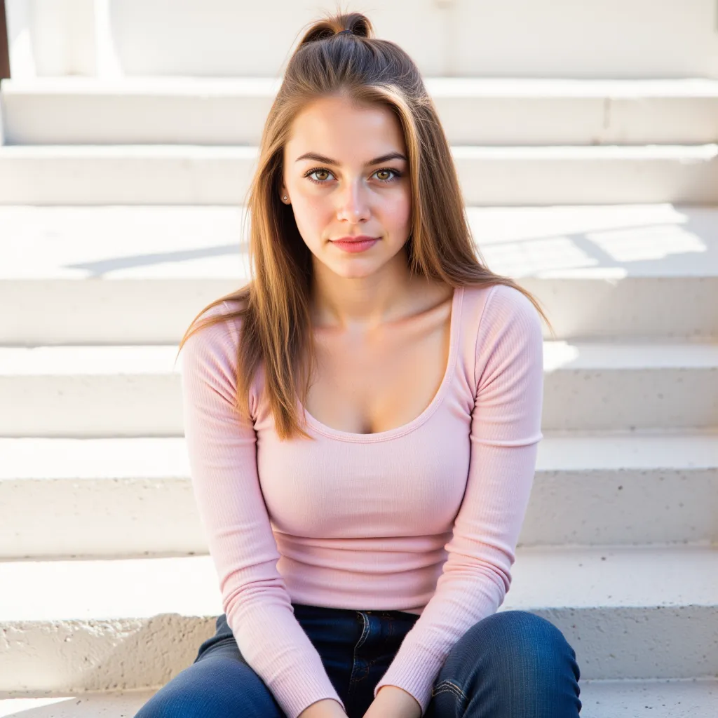 woman sitting on stairs. Has a pink sweater on. a pair of jeans and sneakers. In the background you can see the apartment blocks,  style photorealistic ,  sharp focus, very detailed, sunlight, full body,  sharp background 