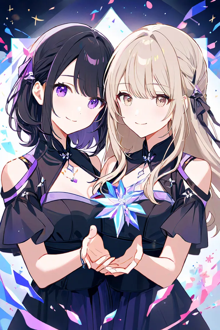 girls２people、 character for V2１（ light beige hair、medium hair、Light beige eyes、smile、spread your hands wide to the side、Jump into the chest）、 character for V2２（ black hair、long hair、 purple eyes、Accept the other person、 Smile）