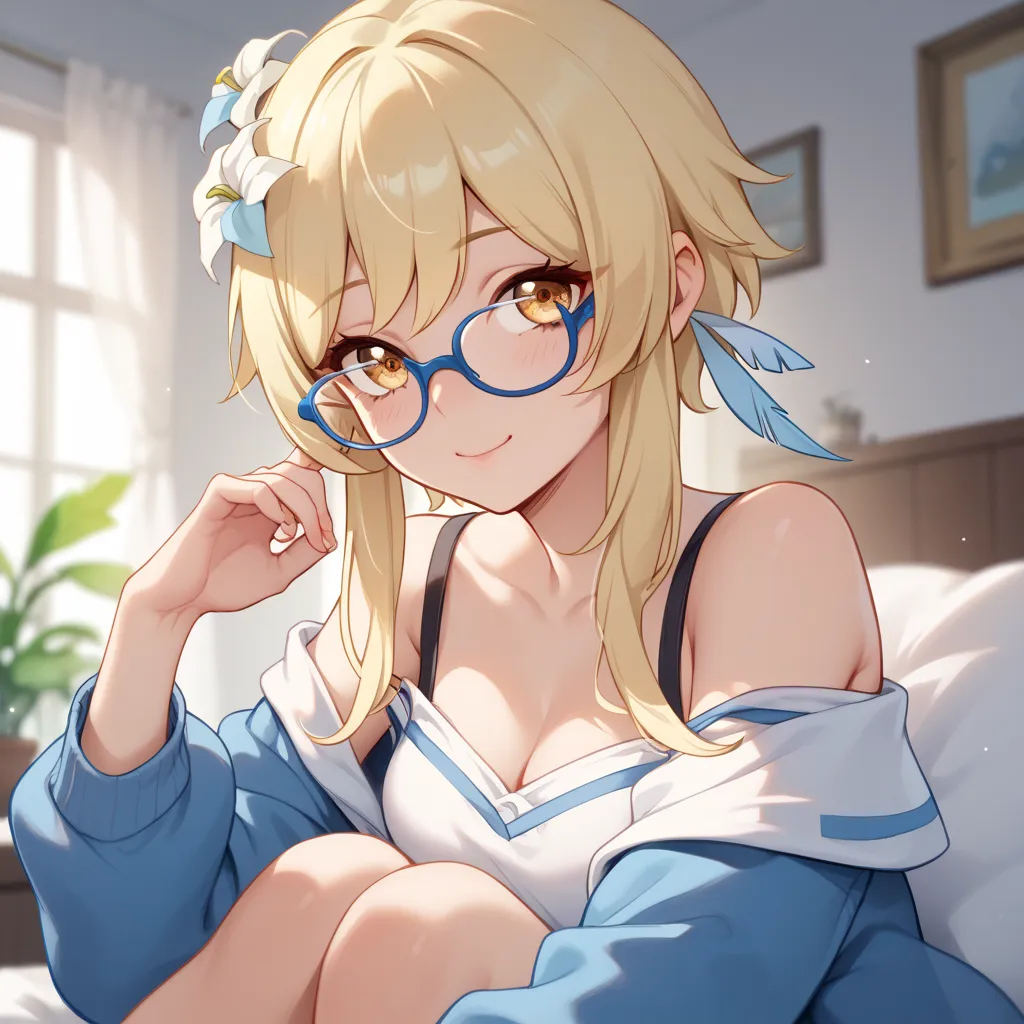 Lumine, wear sweeter only, off-shoulder, wear stocking, wear glasses, cute, 