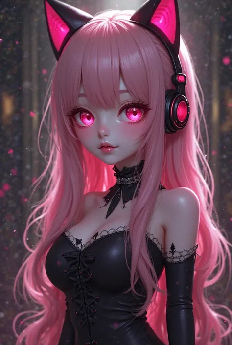 I want to create a cute anime girl, wearing a black gothic dress, her eyes are pink, wearing a pink cat headphone with pink hairs, her skin tone is white, she is a vampire girl, her age is 17