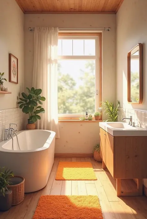 Nice bathroom with bathtub, Father , washbasin, orange carpet,  wooden floor, window and pretty decor without people