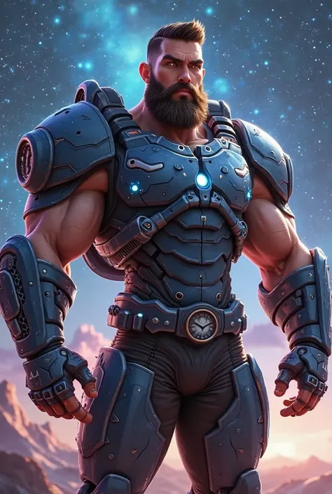 Pixar-like image of a man with brown hair brown eyes anchor-shaped beard wearing Halo armor( robot) muscular and deep in space 