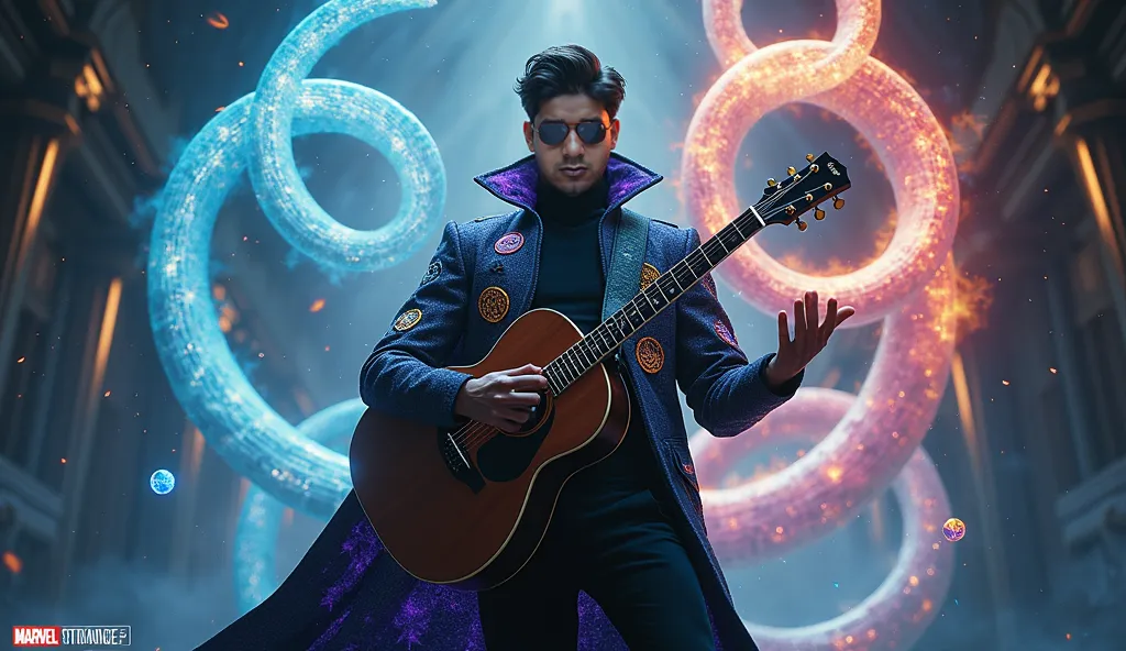 a man looking at viewer looking at camera, Hyper realistic fullbody a 30 yeard man in standing pose of james bond palying a guitar wearing a bioluminescent jacket with glowing accents made from lab-grown diamonds wiht 007 james bond logo on jacket , and in...