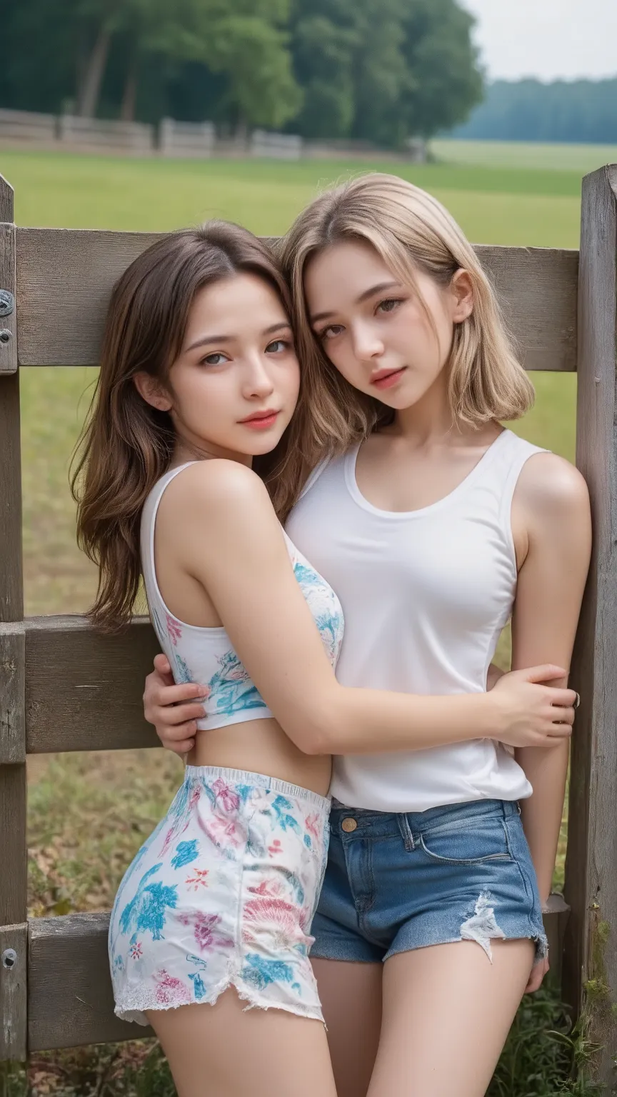  (two girls:1.3), (Fifteen-year-old:1.3), beautiful, (on a farm:1.3),(leaning against a fence:1.3),(hugged:1.3),(1 with blonde hair, wearing 
short denim shorts and white tank top:1.3) ,  (1 with brown hair, wearing short floral dress:1.3),  ( with back to...