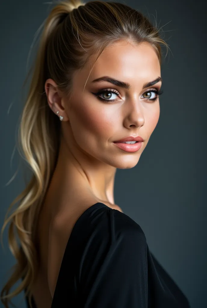 very realistic and detailed photo of attractive italian woman with piercing brown eyes, looking directly at the camera, at tv studio, high quality portrait, cinematic lighting, dramatic expression, professional studio setup, photorealistic,4k,,studio light...