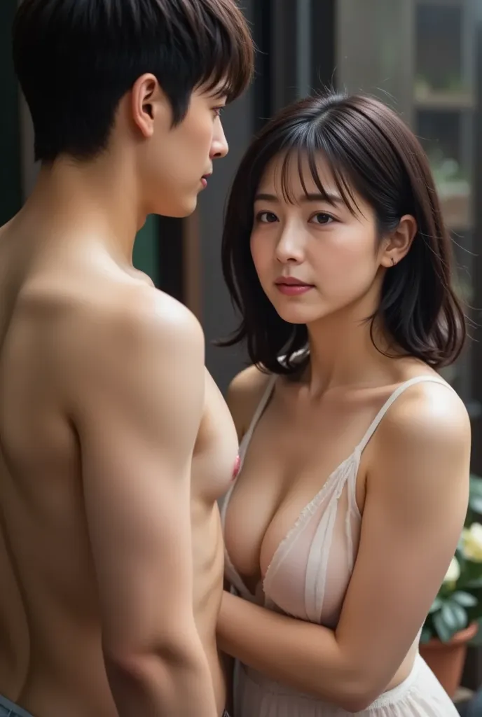 ( A topless Japanese mature plus size woman 50yo standing, wrinkles on face), (a naked young guy 18yo standing in front of woman, touching woman), woman and guy facing and sadly looking at each other, smiling, on the stage of prom party, spotlight, dramati...