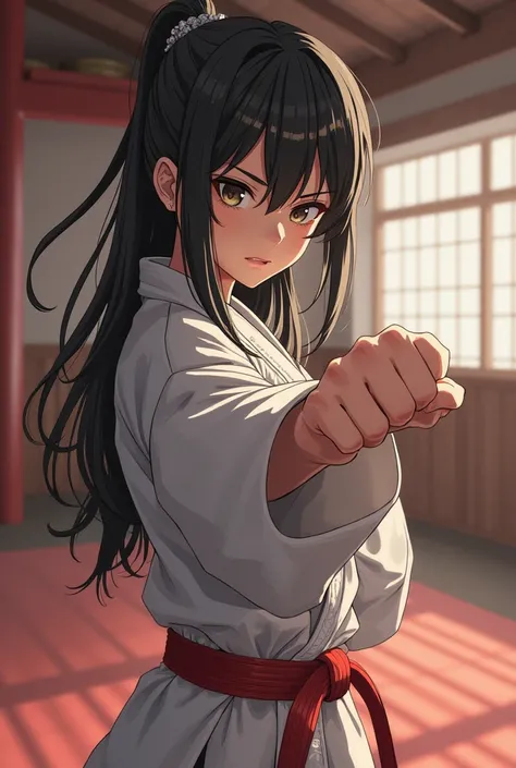  1girl 、 dojo、 tense scene for you 、fullbody shot、looking away、angle from below:1.5、fighting pose、a girl in karate suit with long damp black hair、 slightly muscular arms、Sweaty body、Step on both feet、Stick out your right fist、Dynamic arm movements、 Flexibl...