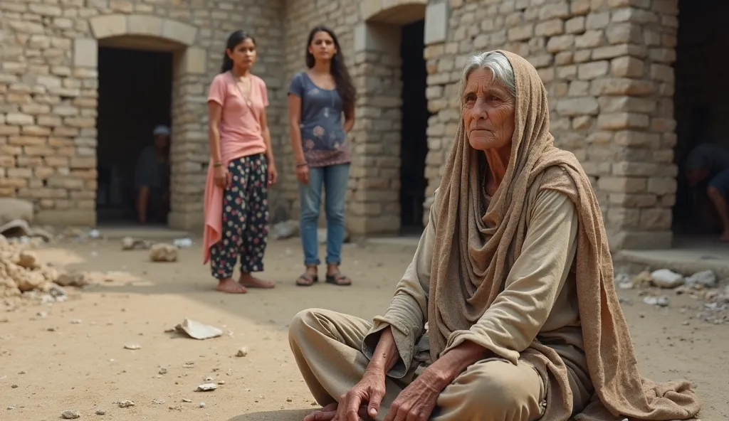 **AI Image Prompt:**  

"A poor and elderly Pakistani woman sits on the ground with a sorrowful expression in the courtyard of a half-constructed house made of unfinished bricks and cement. She wears an old, faded shalwar kameez with a dupatta draped over ...