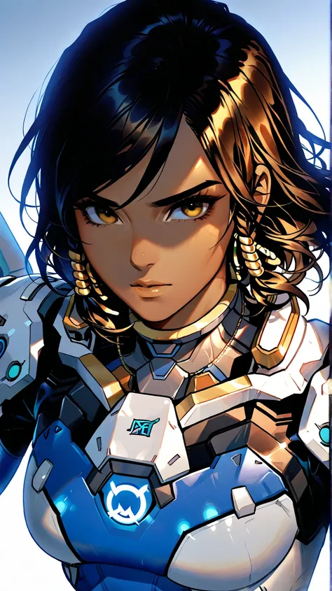 a woman with a choke and a necklace on her neck, pharah, extremely detailed, high detail, pharah from overwatch, wearing a pilot suit 