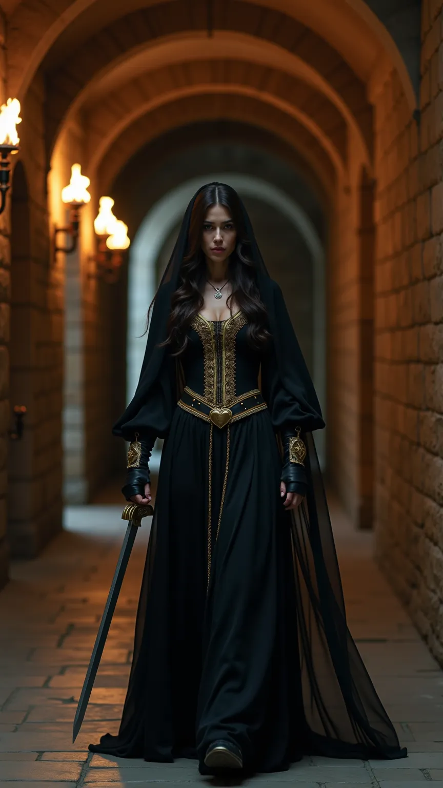 photo, A beautiful pale woman with long dark hair, in a tight black and gold robe and a thin black veil with a sword in her hands to fight knights, covering the lower part of her face under her eyes, walks at night along a medieval stone corridor with torc...