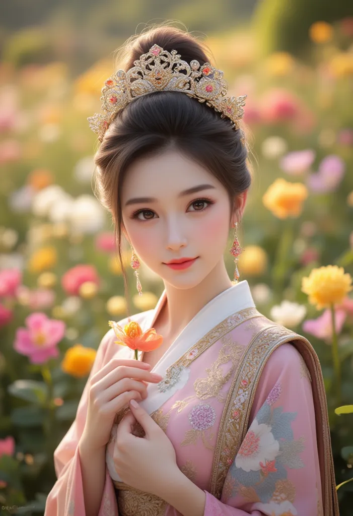 Thai traditional dress , detail gaun, Crown of Thai royal head with delicate wreath hanging on it, stands in the middle of a vibrant royal flower garden with Thai flowers blooming in bright colors. She gently holds a flower in her hand, Her dress is decora...