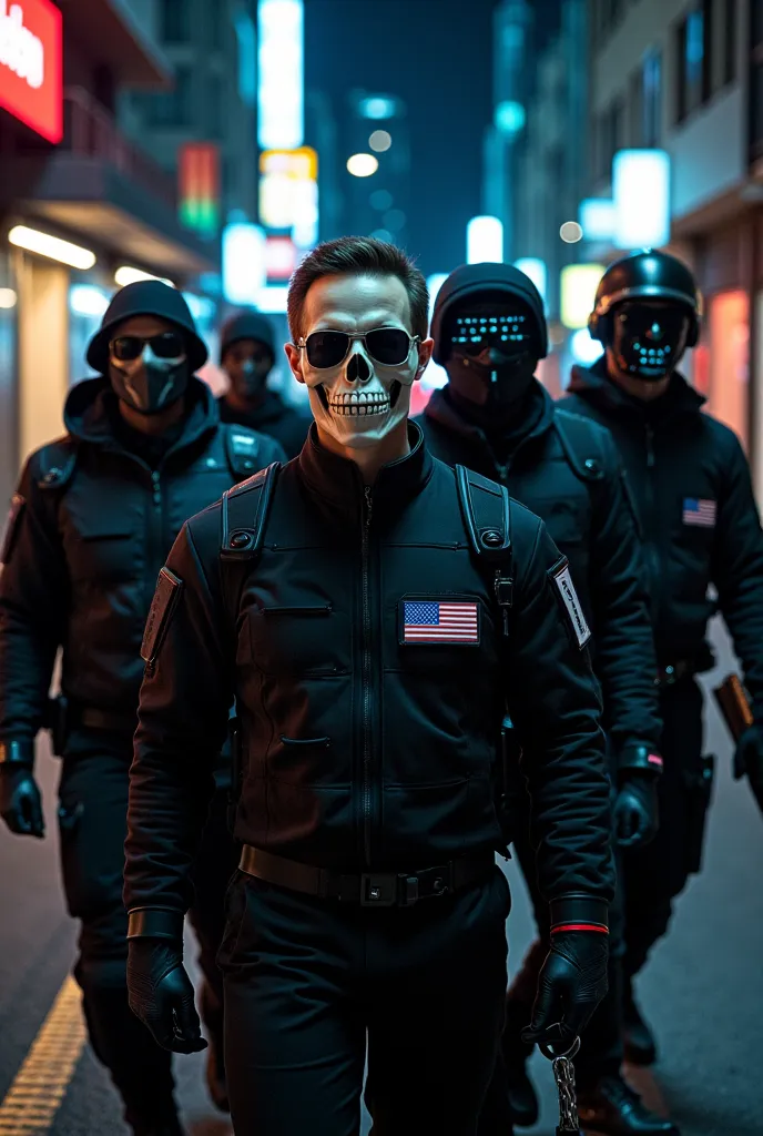 Five men 
1. Skull Mask (Leader): Wearing a skull mask and sunglasses, dressed in tactical suits and black gear, with a black and white Malaysia flag patch on his chest and a little red line in his uniform, 181cm in the middle front.
2. Cyborg (Assistant):...