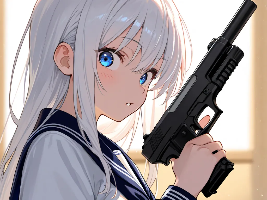 high school girl wearing serafuku, white long hair, hold the gun with a reverse grip and resting it casually on the shoulder while turning the head slightly to glance back at the camera with a soft or slightly surprised expression.