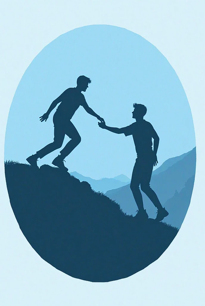 Two figures, silhouetted against Blue background, are depicted in a circle.  Both are male, and their ages and ethnicities are not discernible. They are climbing a mountain, and the figure above is being helped by the figure below, who is assisting by exte...