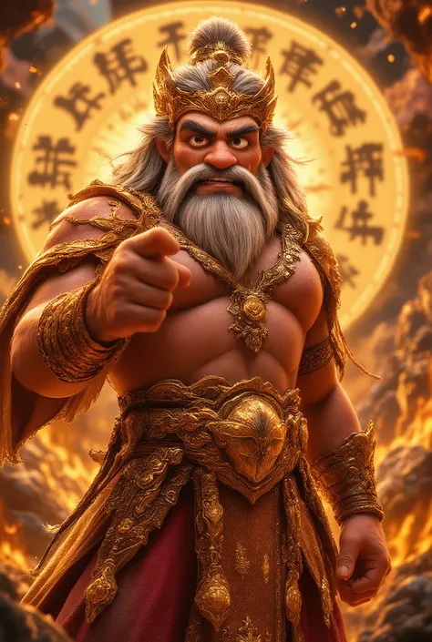  Main character : A powerful god, with muscular physique, Long gray-haired beard flies in the wind, dressed in brilliant gold.  outfit : Wearing a golden armor, warrior long skirt, wearing a royal crown, exudes a look of authority. expression: Demonstrates...