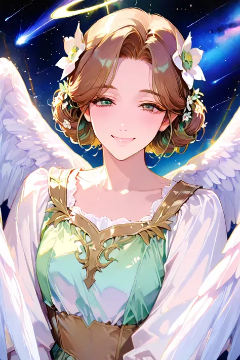 top quality, pastel painting, gentle atmosphere, twin girl angel, cute, white wings, smiling happily, brown short hair of different colors, one with blue eyes, one with green eyes, dresses of different colors, flower hair ornament, upper body, looking at t...