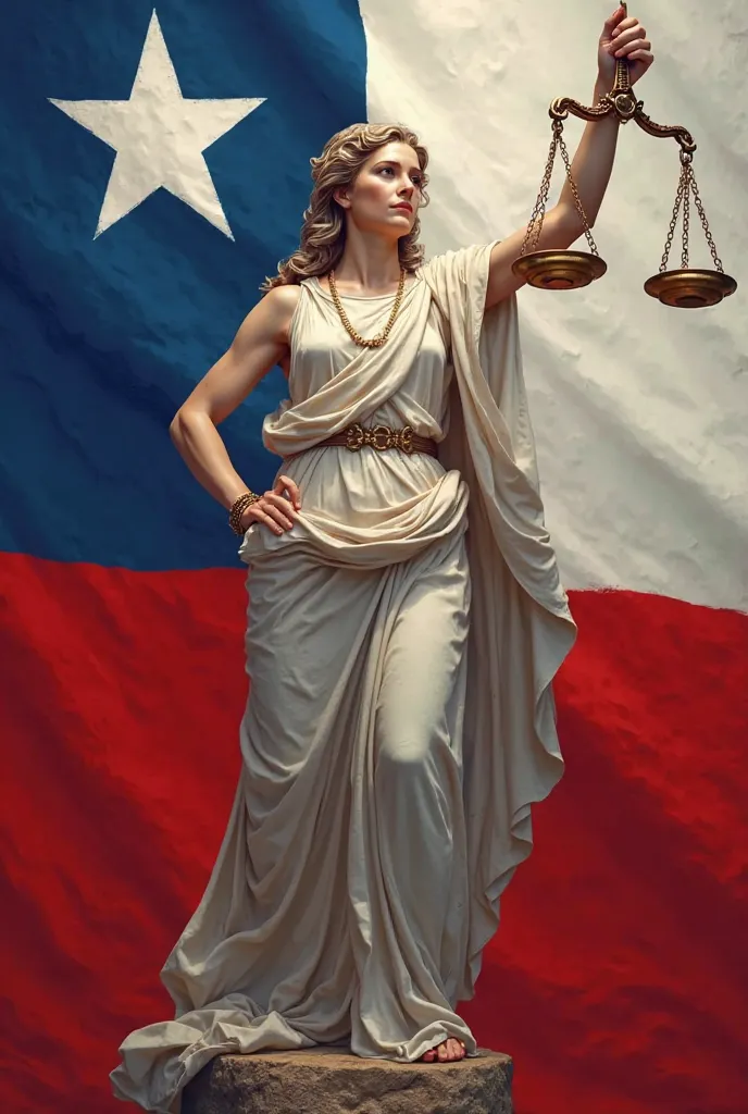 a depiction of the Roman goddess of justice "Themis " With the Chilean flag behind