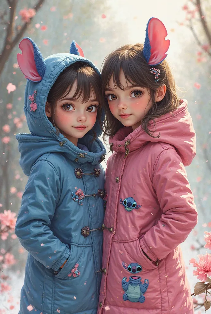 Image of a girl with the name Nere in a Stitch coat and a girl with the name Nana in a pink Stitch coat 