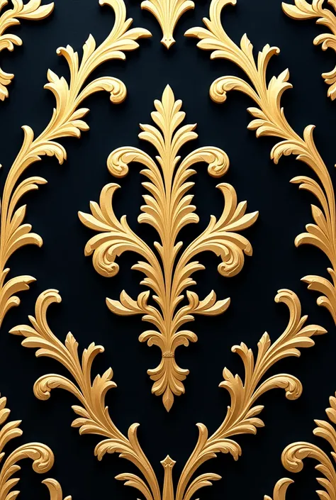 Create an intricate French motif pattern in luxurious gold, inspired by classic Rococo and Baroque designs. The pattern should feature elegant, swirling acanthus leaves, delicate floral elements, and ornate symmetrical details. The gold should have a rich,...