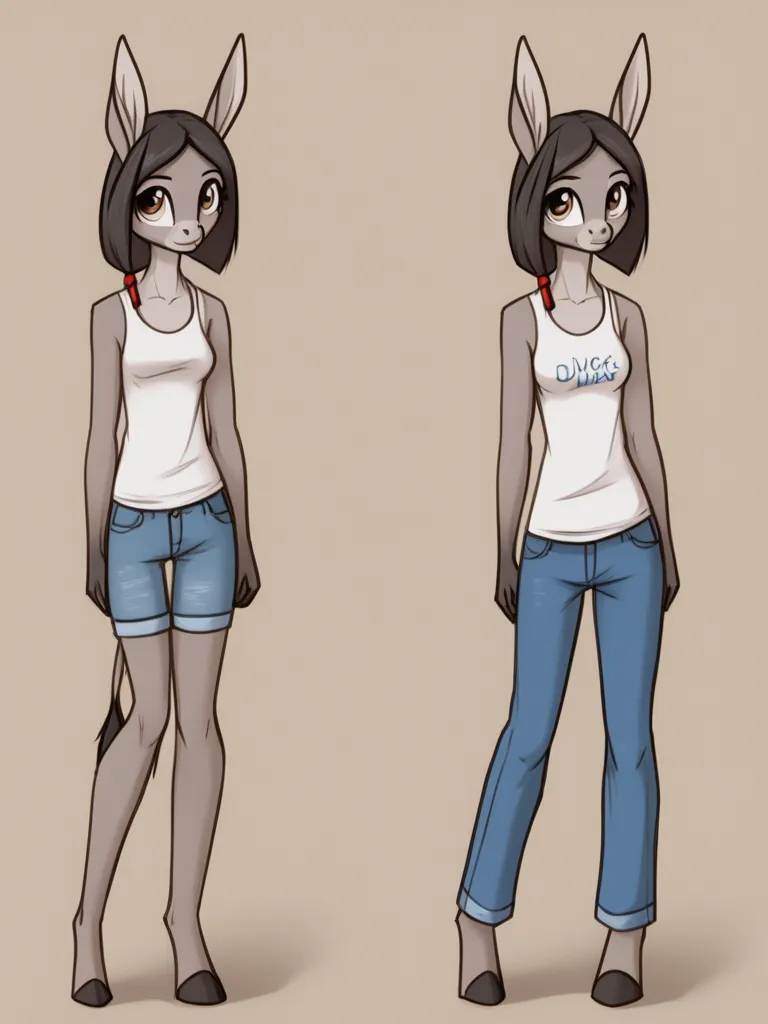 Anthropomorphic donkey woman, gray fur, feet like hooves  , hourglass figure,  Exhausting,  low cut sleeveless t-shirt, skinny jeans, standing,  barefoot, full body, anime, white background, 