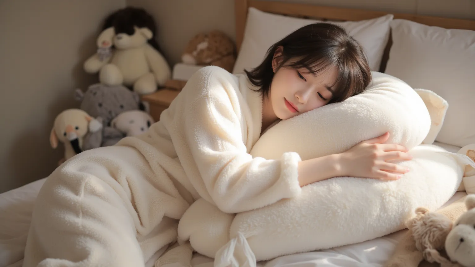 a woman wearing fluffy loungewear、relaxing on the bed while holding a body pillow background。There are stuffed animals and indirect lighting、a warm, natural space is commonplace。