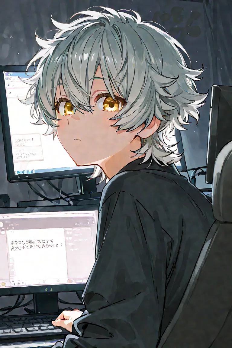 computer monitorの中にいる、watching viewers、One person、 、10th Generation、Short Hair、Gray Hair、Eyes without emotion、Admission、computer monitor、 dull face、handsome、golden eyes、ephemeral、 fluffy hair 、Perm、front