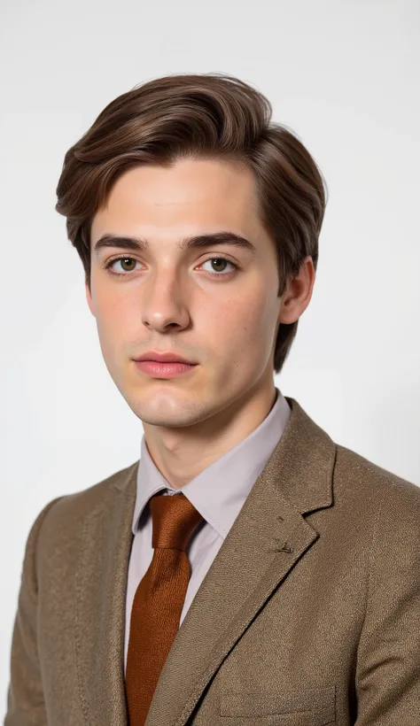 ** Detailed prompt for photo :**
"A young European men posing for portait in suit from the 70s. He has fair skin, perfect fit shirt, standart features, brown eyes. His hair is fair brown, short. Almost fit body. He wears a suit retro European-style. His...