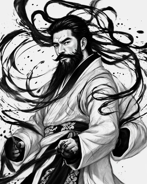 zydink, monochrome, ink sketch, 1boy, asian (middle age man), (long beard, facial hair), fighting stance, looking at viewer, long hair, floating hair, hanfu, chinese clothes, long sleeves, (abstract ink splash:1.2), white background