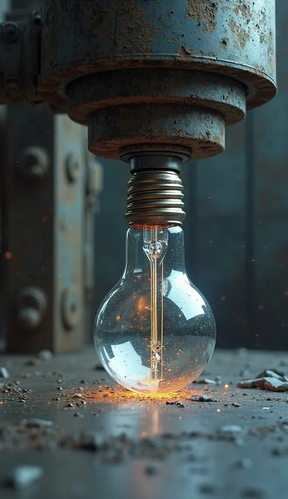 (ultra realistic),   : A transparent glass light bulb under a hydraulic press