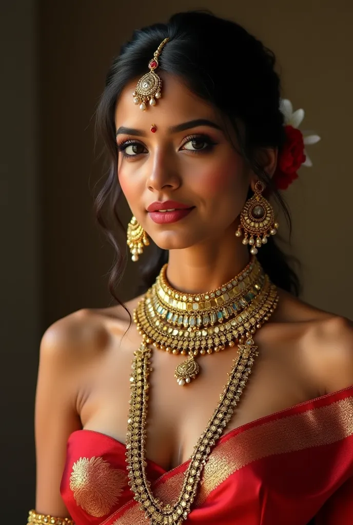 Indian girl adorned with gold antique jewellery on her bare neck and shoulder has big breasts na