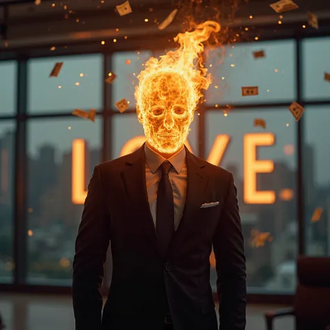 Stylish, cinematic image of a man in Business suit, standing in a modern office. His head consists entirely of a burning fire, without any visible facial contours — only, detailed flame, creating a mystical effect. Lighting dramatic, with warm glare on the...