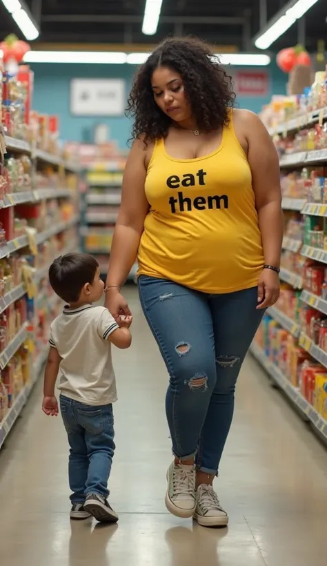 In a supermarket, a big candid massive hips voluptuous plus-sized 30-year-old white mom, dressed in a yellow low-cut tank top with the text EAT THEM and jeans, grabs her son