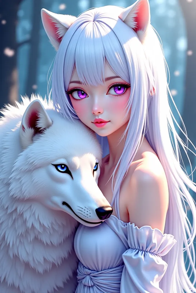 Femme style manga, white hair and purple eyes with a white wolf