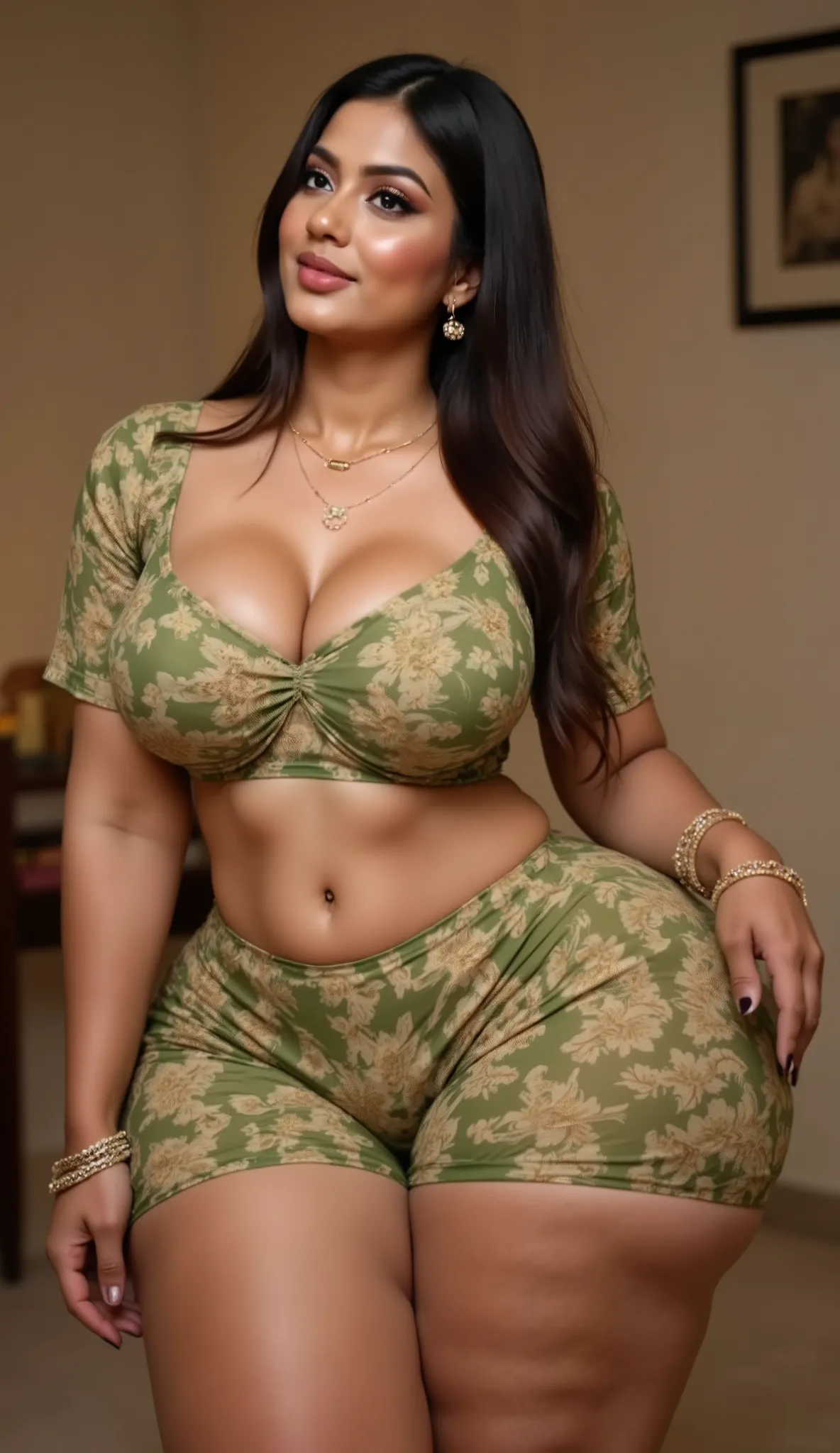 Fit, green saree VEIL, Big lips, full body picture , BBW Wet curvy, wet Desi woman showing her big ass  in sexy THONG pattern sexy  lingerie and showing cleavage and in nose ring, many bangles in hands,earings, necklace ,lipstick ,navel,Indian, Chubby, sho...