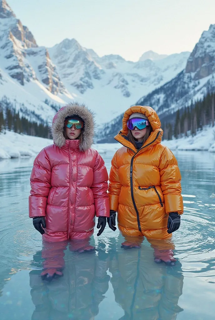 Two women in different colored shiny puffy padded onepiece down suits with heavy puffy hoods and puffy padded mittens, ski goggles, drown in arctic lake, snowy mountain peaks on horizon