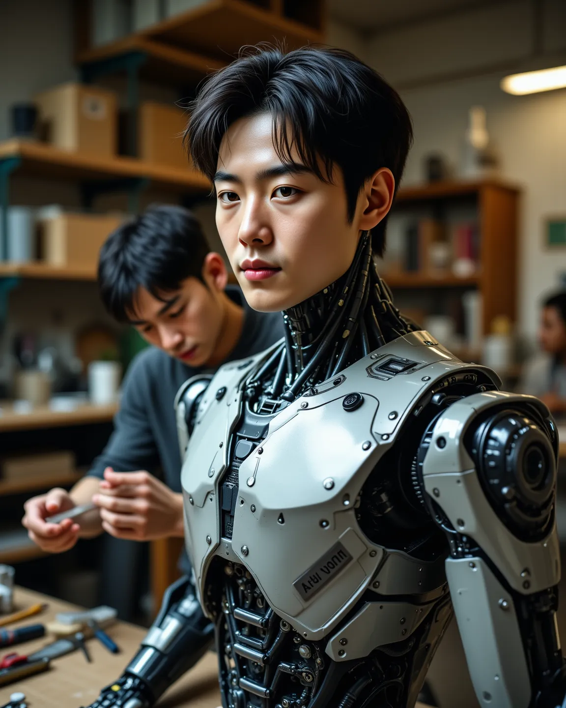 A college student is assembling a humanoid robot that looks like a Korean male star with only his upper body，Life-sized