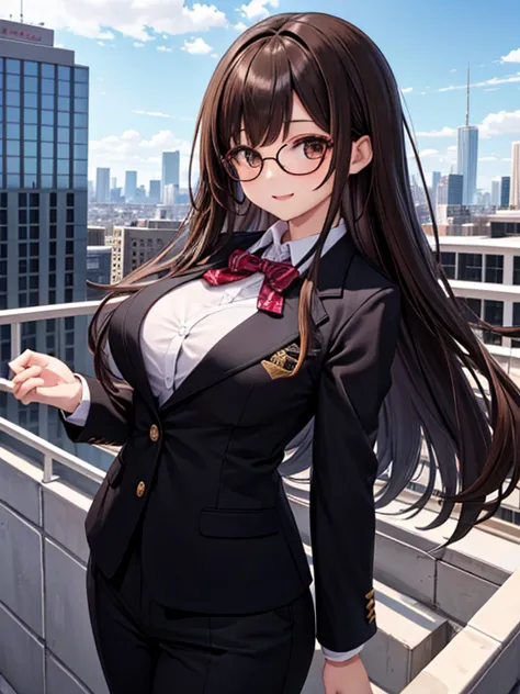  female 1 person、brown hair、brown eyes、best quality、very detailed、8 Resolution、RAW photo、masterpiece、perfect body、High Resolution、highest quality、Detailed view、bright color、Lure、long hair、black rimmed glasses、 attractive breasts、 blazer uniform、rooftop、smi...