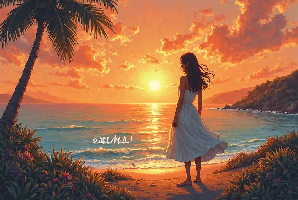 postcard design, see ya! Words are written on picture, sea,  Rear View, sunset, a woman in a dress