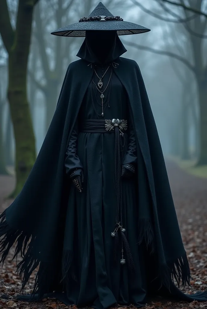  gender male ，deep dark、Dark purple、Dark Blue，with a hint of silver or dark gold，symbolizes the mysterious power of the night and the underworld。Robe-style、flowy design，A light yarn cape like black、wide sleeves or irregular hem，creates a sense of ghost。Fea...